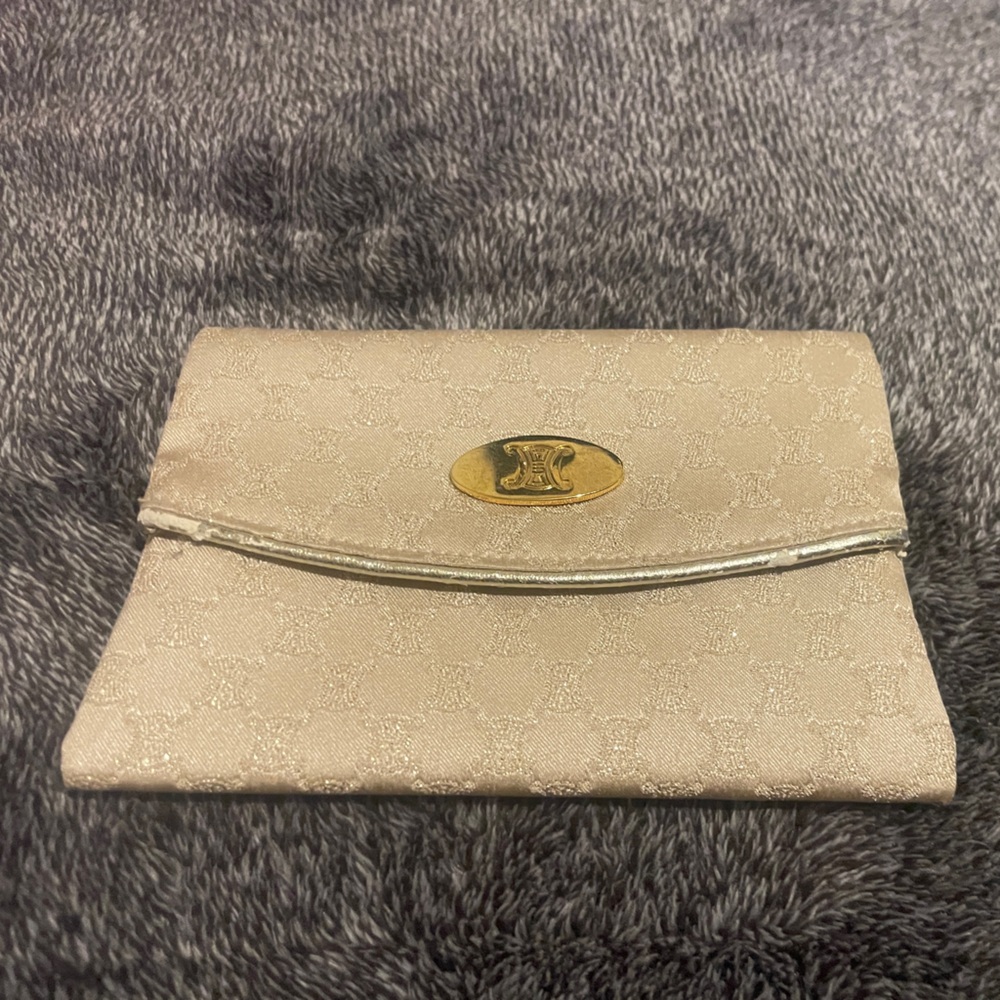 Celine Beige Patterned Clutch with Gold Accent